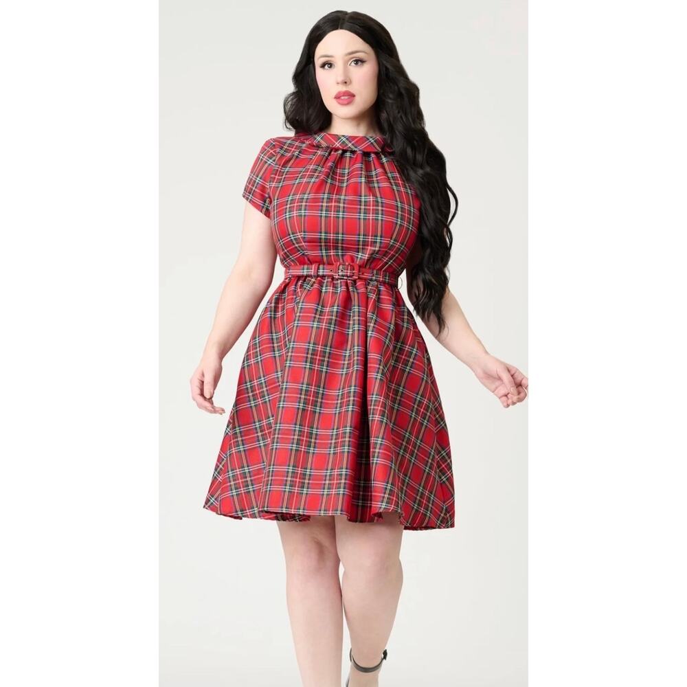 Smak Parlour Unique Vintage Red Plaid Flare Dress XS 0 2 NWT